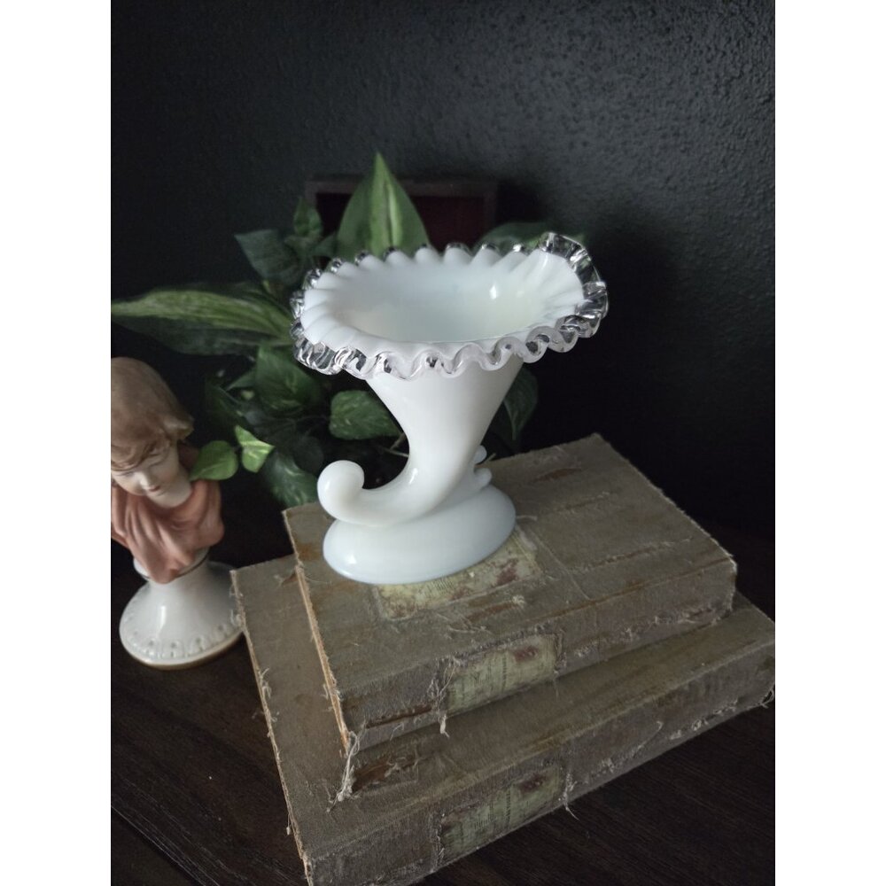 Vintage Fenton Milk Glass Cornucopia Vase – Silver Crest Ruffled Edge, 6"